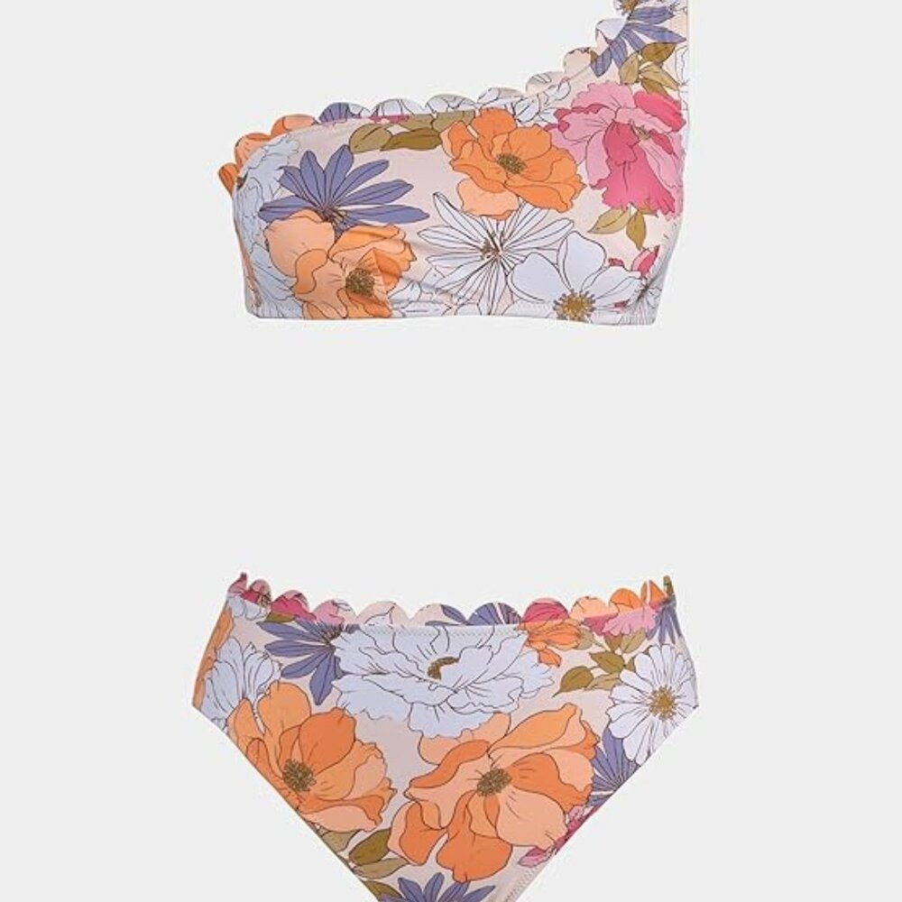 Two Piece Bathing Suit One Shoulder Scalloped Trim, pastel floral sz M